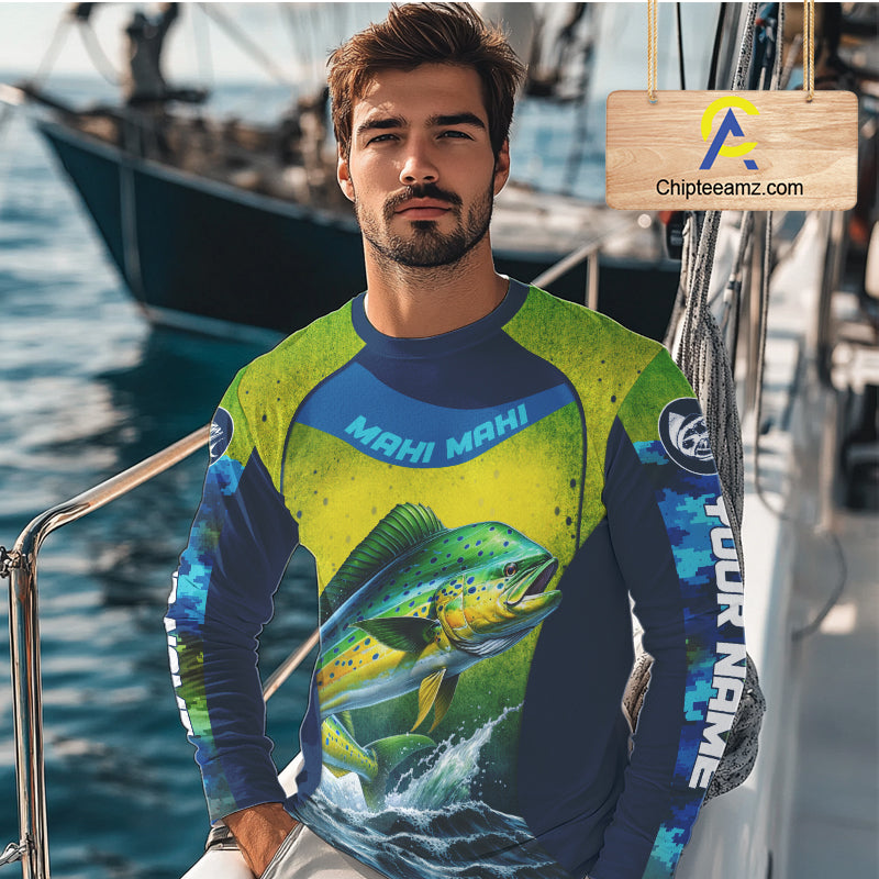 Custom Mahi Mahi Fishing Shirts For Team, Custom Saltwater Fishing Shirts|Blue NBT469