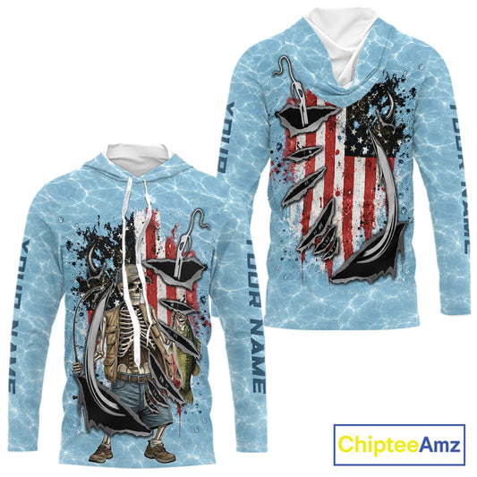 Custom Bass Fishing Long Sleeve Hooded American Flag Fish Reaper Fishing Shirts, Bass Fishing Jerseys NBT729