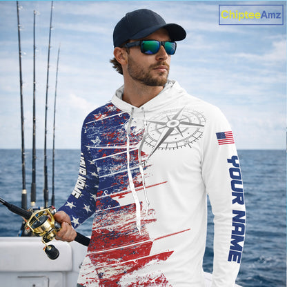 Personalized Patriotic Fishing Team Shirts, American Flag Long Sleeve Hooded Fishing Shirts NBT486