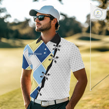 Load image into Gallery viewer, Men golfer wearing custom blue and yellow argyle pattern golf shirt