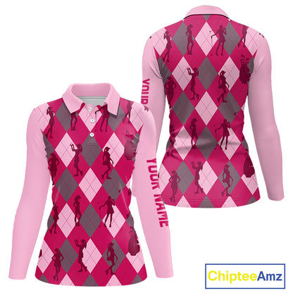 Pink Argyle Womens Golf Polo Shirts, Golf Shirts Custom Team Golf Polo For Ladies Team Golf Tops NBT490