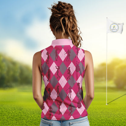 Pink Argyle Womens Sleeveless Golf Polo Shirts, Golf Shirts Custom Team Golf Polo For Ladies Team Golf Tops NBT490