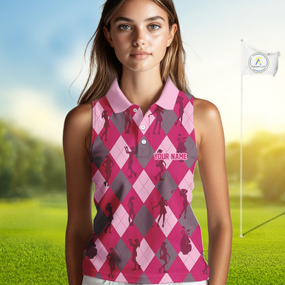 Pink Argyle Womens Sleeveless Golf Polo Shirts, Golf Shirts Custom Team Golf Polo For Ladies Team Golf Tops NBT490