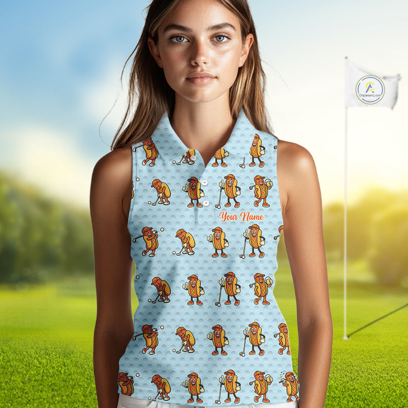 Funny Hotdog Womens Sleeveless Golf Polo Shirt, Custom Sausage Print Golf Polo, Golf Shirts For Team NBT492