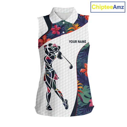 Custom Name Colorful Tropical Pattern Golf Women's Sleeveless Polo Shirt, White Golf Shirt, Team Golf Top NBT498