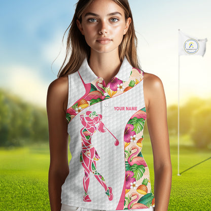 Colorful Tropical Pattern Womens Sleeveless Golf Polo Shirt Custom Name White Golf Shirt, Golf Gifts NBT499