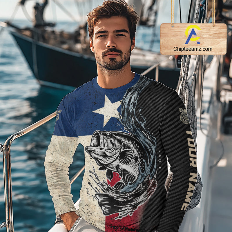 Model wearing Texas Flag Bass Fishing Shirt custom long sleeve UPF on boat largemouth bass tournament fishing