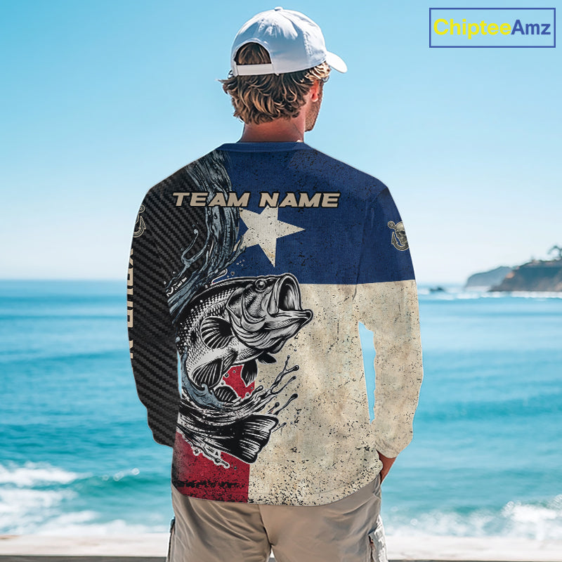 Model wearing Texas Flag Bass Fishing Shirt custom long sleeve UPF on boat largemouth bass tournament fishing