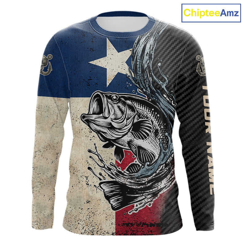 Front view of Texas Flag Bass Fishing Shirt custom long sleeve UPF largemouth bass fishing shirt mockup front view
