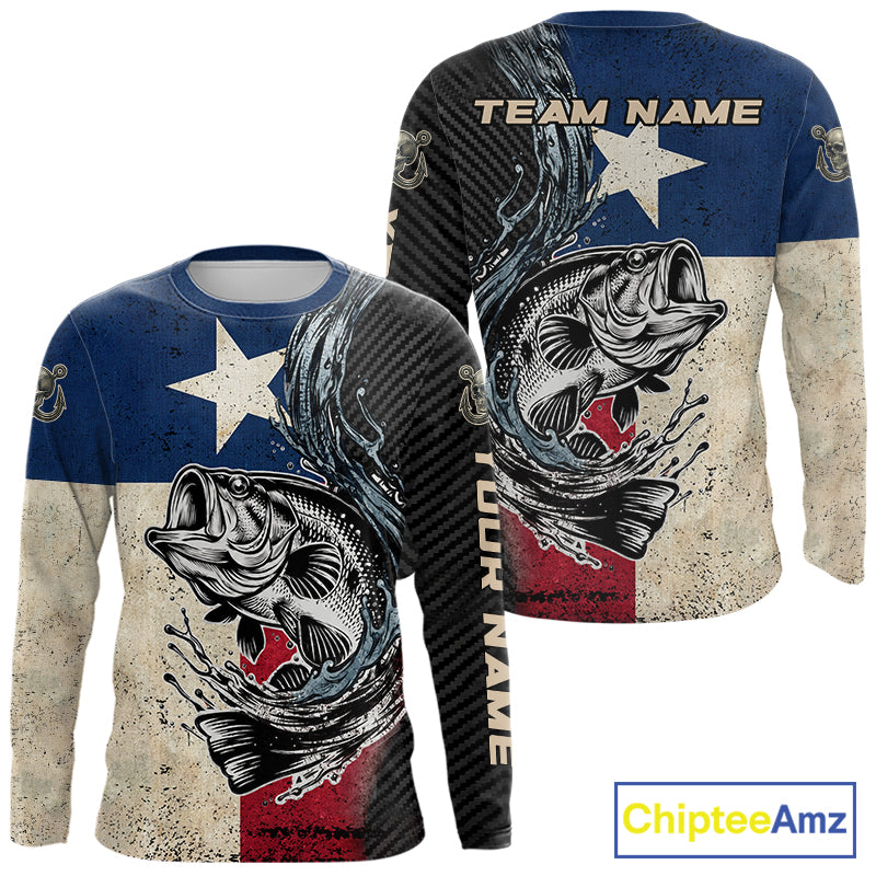 Front and back view of Texas Flag Bass Fishing Shirt custom long sleeve UPF largemouth bass fishing shirt