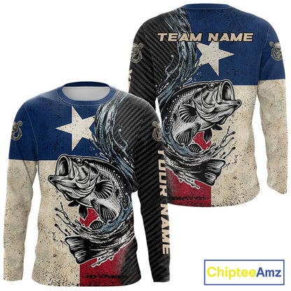 Front and back view of Texas Flag Bass Fishing Shirt custom long sleeve UPF largemouth bass fishing shirt