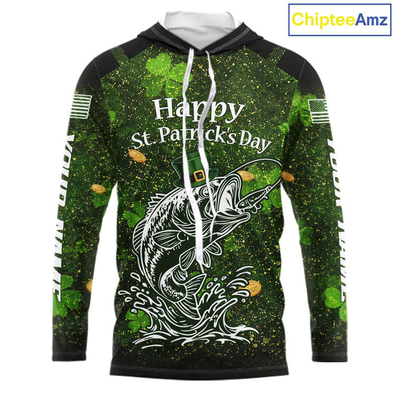 Custom St Patrick's Day American Flag Bass Long Sleeve Hooded Fishing Shirts, Patriotric Bass Fishing Jerseys NBT381