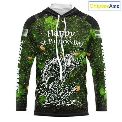 Custom St Patrick's Day American Flag Bass Long Sleeve Hooded Fishing Shirts, Patriotric Bass Fishing Jerseys NBT381