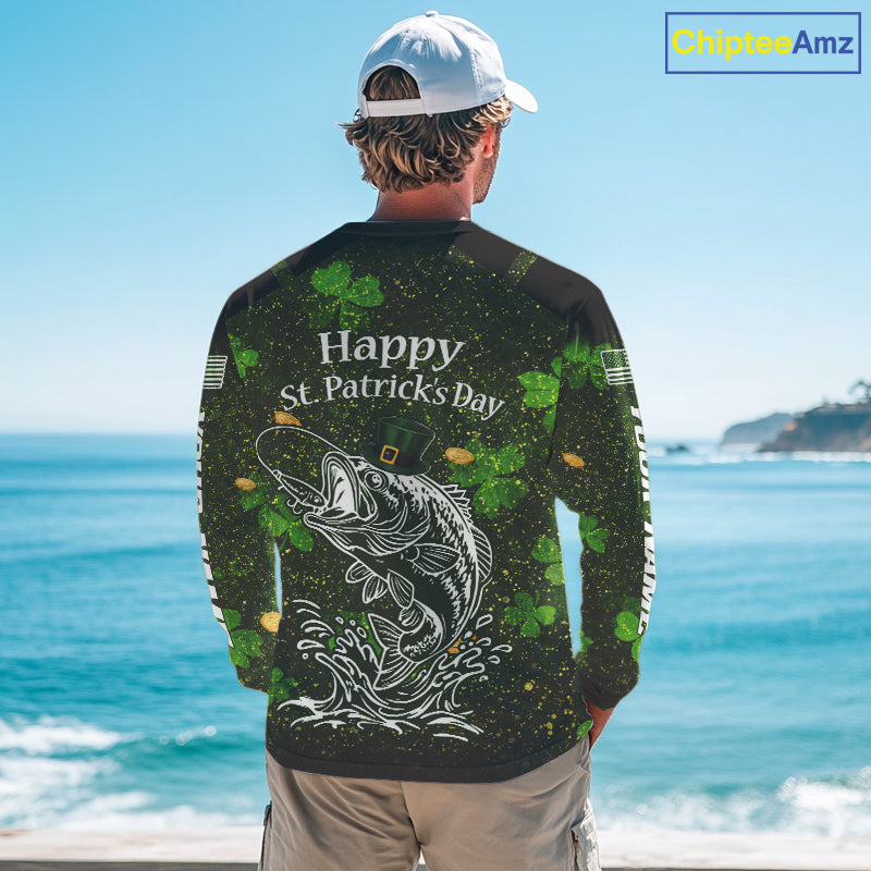 Custom St Patrick's Day American Flag Bass Long Sleeve Fishing Shirts, Patriotric Bass Fishing Jerseys NBT381
