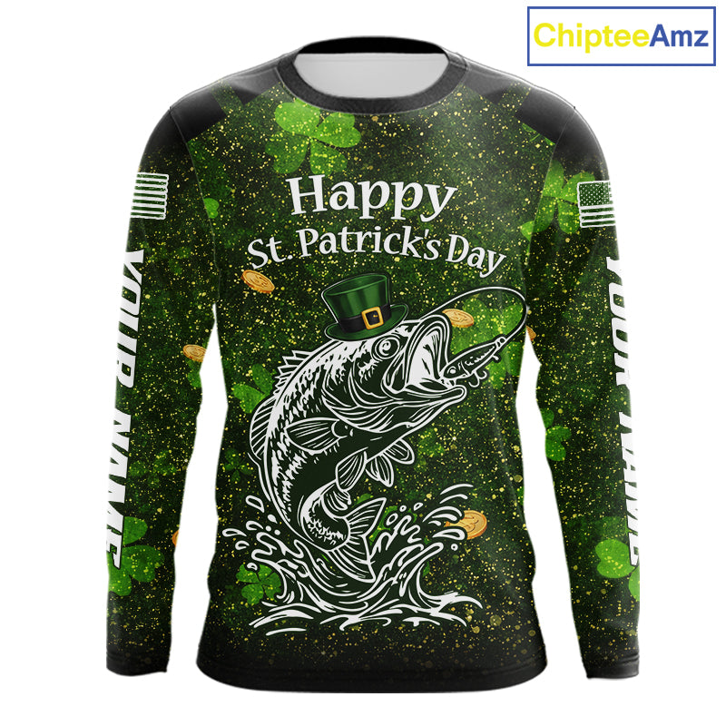 Custom St Patrick's Day American Flag Bass Long Sleeve Fishing Shirts, Patriotric Bass Fishing Jerseys NBT381