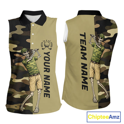 Funny Skull Womens Sleeveless Golf Polo Shirts Green Camo Pattern Custom Name Skull Playing Golf Apparel NBT625