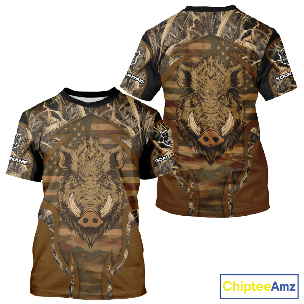Personalized Wild Boar Hunting Brown Camo US Flag Printed Shirts, Hunting Gifts NBT235