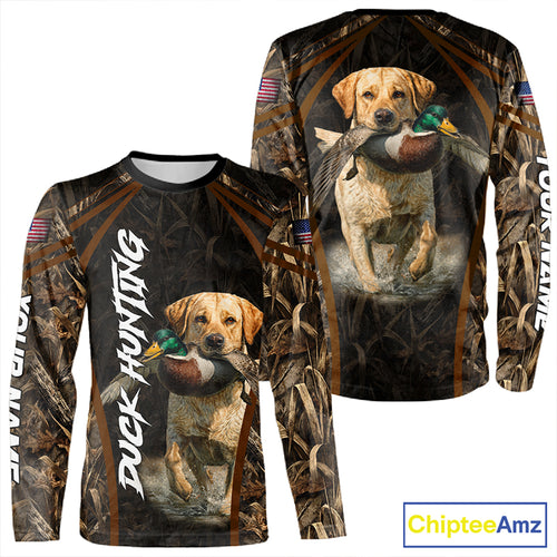 Waterfowl Duck Hunting Yellow Labrador Retriever Camo US Flag 3D Shirts, Duck Hunting Gifts NBT239