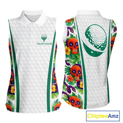 Funny Sleeveless Golf Skull Tropical Pattern Golf Polo Shirt Custom Name Golf Shirts For Womens NBT519