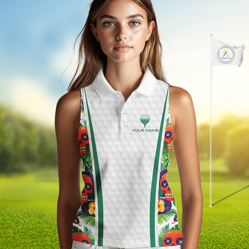 Funny Sleeveless Golf Skull Tropical Pattern Golf Polo Shirt Custom Name Golf Shirts For Womens NBT519