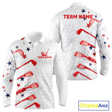 Load image into Gallery viewer, White long-sleeve shirt with red lacrosse stick and star pattern, customizable text, and Chiptee Amz branding.