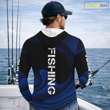 Load image into Gallery viewer, Fisherman on the water wearing custom name blue camo bass fishing long sleeve hooded shirt
