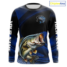 Load image into Gallery viewer, Front view of Custom Blue Camo Bass Fishing Shirt Long Sleeve with Personalized Name on Sleeves 