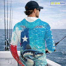 Load image into Gallery viewer, Angler wearing Texas Catfish Fishing Long Sleeve Hooded Fishing Shirt with personalized name - Chipteeamz 