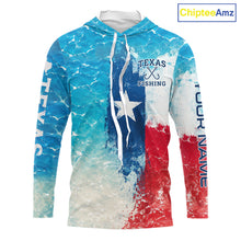 Load image into Gallery viewer, Front view of Texas Slam Fishing ocean camo hooded shirt with Texas flag design
