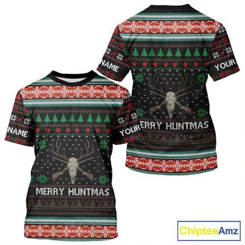 Merry Huntmas Deer Hunting Skull Custom Name Ugly Christmas All Over Printed Shirts, Christmas Gift NBT299