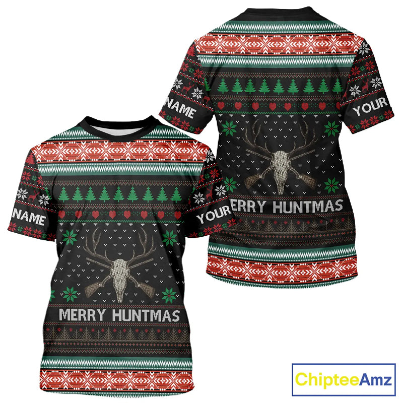 Merry Huntmas Deer Hunting Skull Custom Name Ugly Christmas All Over Printed Shirts, Christmas Gift NBT299