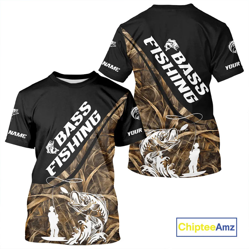 Personalized Largemouth Bass Tatto Grass Camo Customized Fishing Tournament Shirts  NBT355