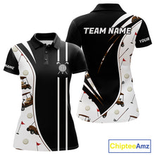 Load image into Gallery viewer, Front and back view of personalized golf polo shirt for men with golf cart pattern and personalized name