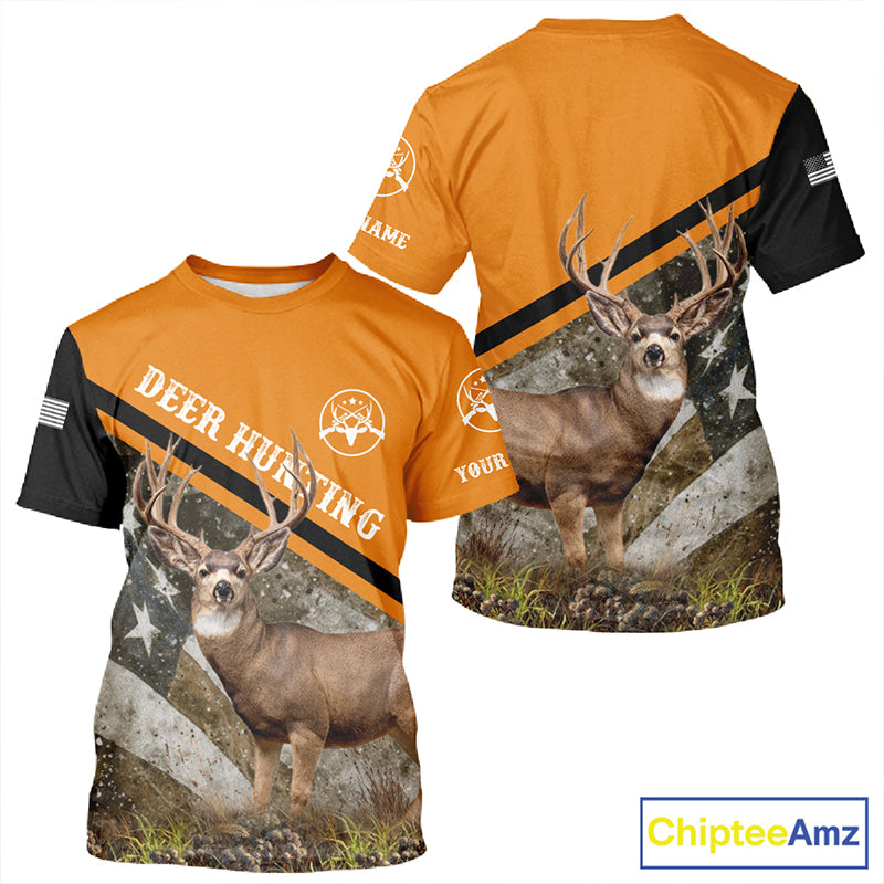 Deer Hunting Orange Camo American Flag 3D Shirt Custom Name Perfect Gift for Hunters NBT266
