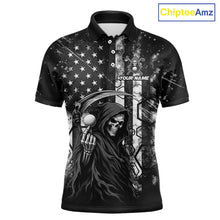 Load image into Gallery viewer, Front view of custom black and white American flag skull reaper mens golf polo shirt
