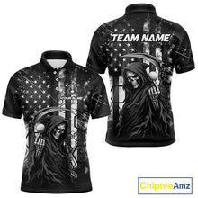 Load image into Gallery viewer, Front and back view of custom black and white American flag skull reaper mens golf polo shirt with personalized name