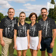 Load image into Gallery viewer, Four golfers wearing matching black and white American flag skull reaper golf polo shirt - front view