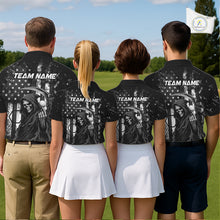 Load image into Gallery viewer, Four golfers wearing matching black and white American flag skull reaper golf polo shirt - back view