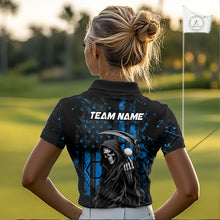 Load image into Gallery viewer, Custom Black And Blue American Flag Skull Reaper Womens Golf Polo Shirt, Team Golf Shirts NBT882