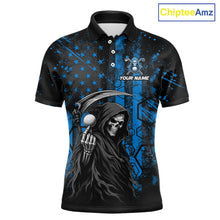 Load image into Gallery viewer, Front view of custom black and blue American flag skull reaper mens golf polo shirt