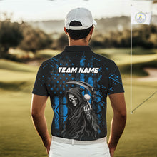 Load image into Gallery viewer, Golfer wearing custom black and blue American flag skull reaper golf polo shirt on the course - back view