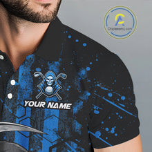 Load image into Gallery viewer, Close-up of black and blue American flag skull reaper print on mens golf polo