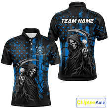 Load image into Gallery viewer, Front and back view of custom black and blue American flag skull reaper mens golf polo shirt with personalized name