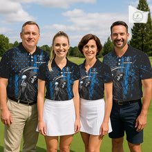 Load image into Gallery viewer, Four golfers wearing matching black and blue American flag skull reaper golf polo shirt - front view