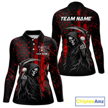 Load image into Gallery viewer, Custom Black And Red American Flag Skull Reaper Womens Golf Polo Shirt, Team Golf Shirts NBT883