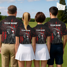 Load image into Gallery viewer, Four golfers wearing matching black and red American flag skull reaper golf polo shirt - back view