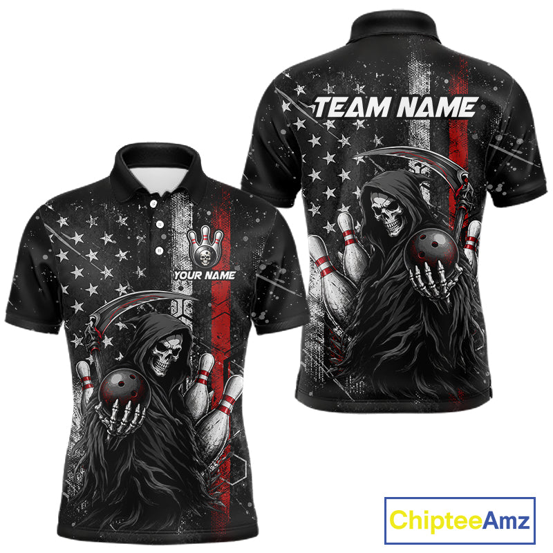 Front and back view of American flag custom Grim Reaper bowling polo shirt for men with personalized name