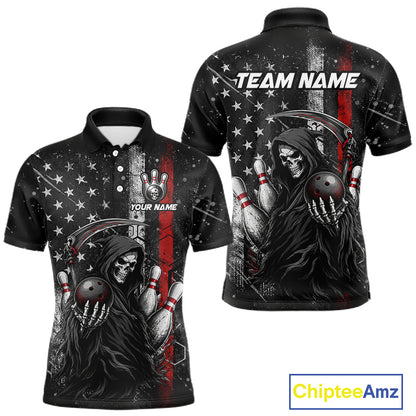 Front and back view of American flag custom Grim Reaper bowling polo shirt for men with personalized name
