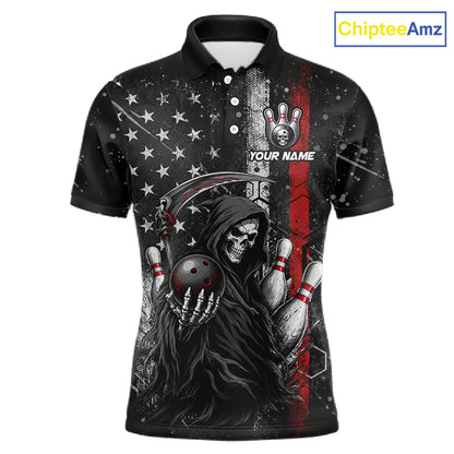 
Front view of American flag custom Grim Reaper bowling polo shirt for men