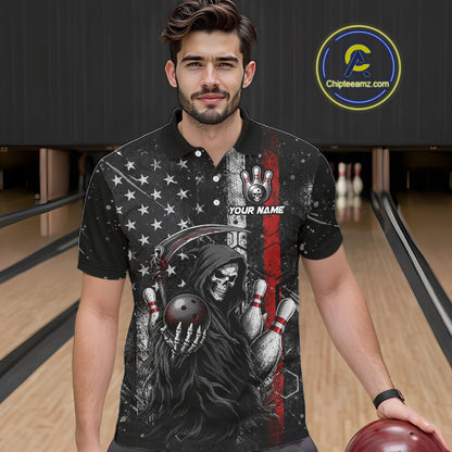 Bowler wearing American flag Grim Reaper bowling polo shirt on the lanes